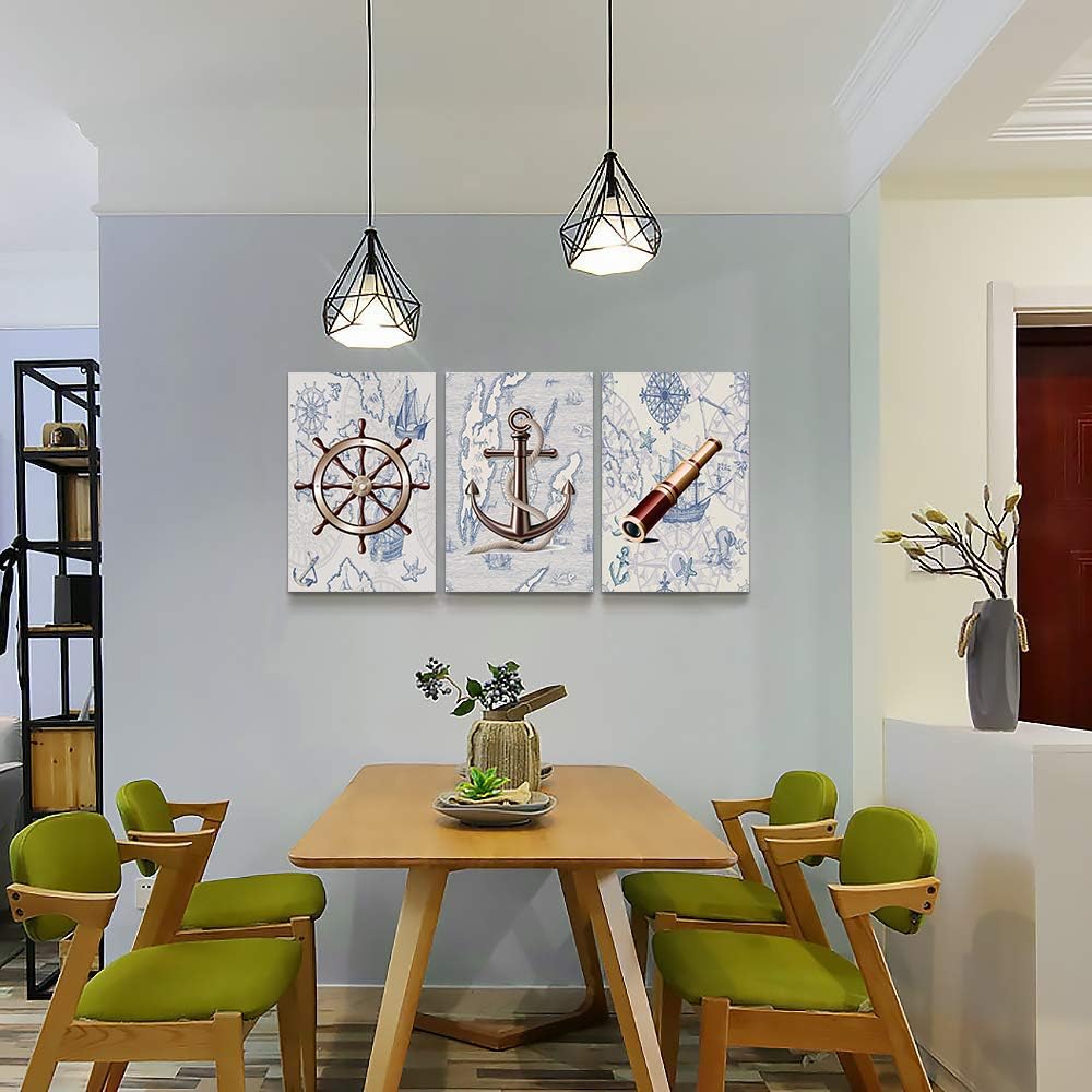ocean theme steering wheel telescope ship pendant Canvas Prints bathroom Wall Art for Bedroom Wall