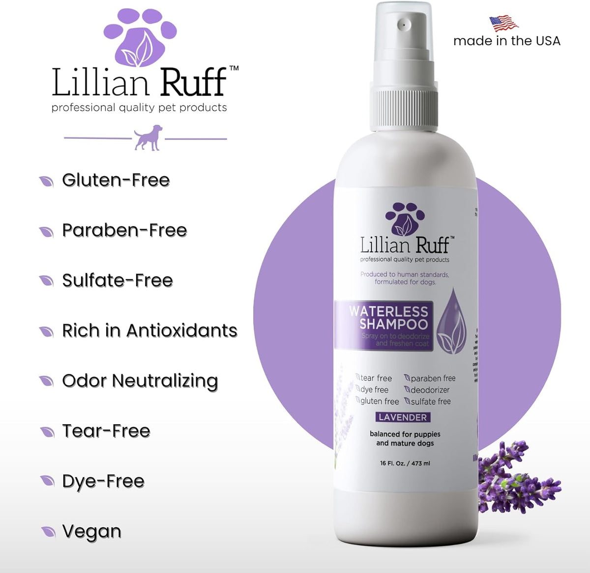 Lillian Ruff Waterless No-Rinse Dog Dry Shampoo Spray with Hydrating Essential Oils - pH-Balanced