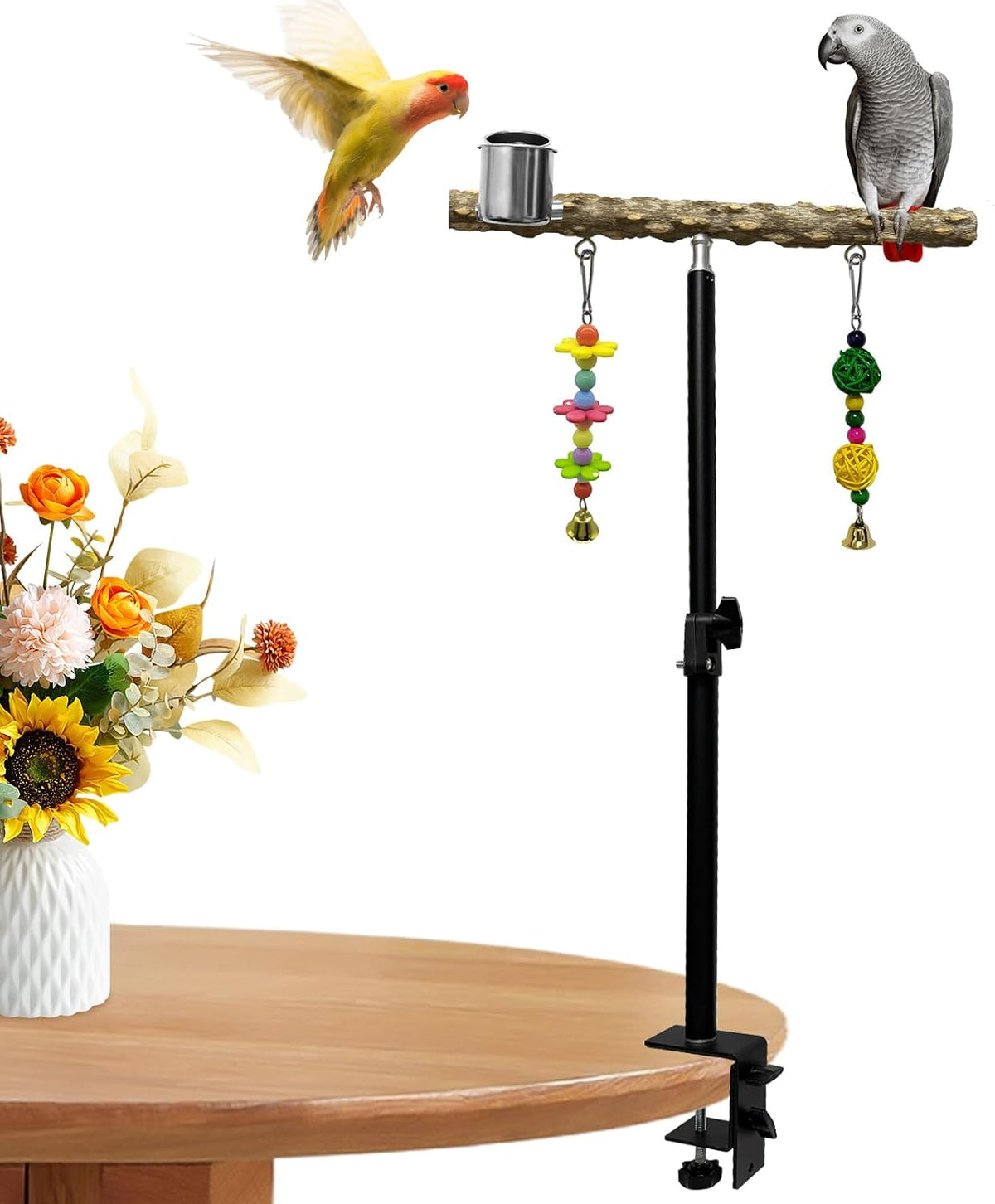 18-27 Inch Height Adjustable Bird Perch Pepper Wood Desktop Bird Training Perch Stand with Feeding