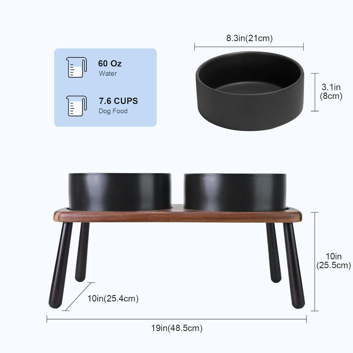 SPUNKYJUNKY Ceramic Elevated Dog Bowls Raised with Acacia Bamboo Wooden Stand, 8.3'' Dog Food Water