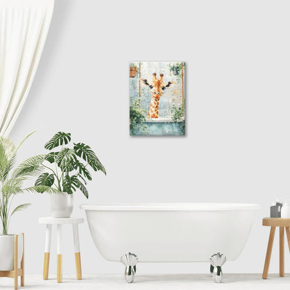 Bathroom Funny Giraffe Pictures Wall Art, Watercolor Giraffe Bathroom Wall Decor, Animal Framed