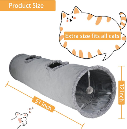 Cat Tunnel for Indoor Cats, 51×12 inch Foldable Big Cat Tunnel, Grey Suede Pet Tunnels with Two