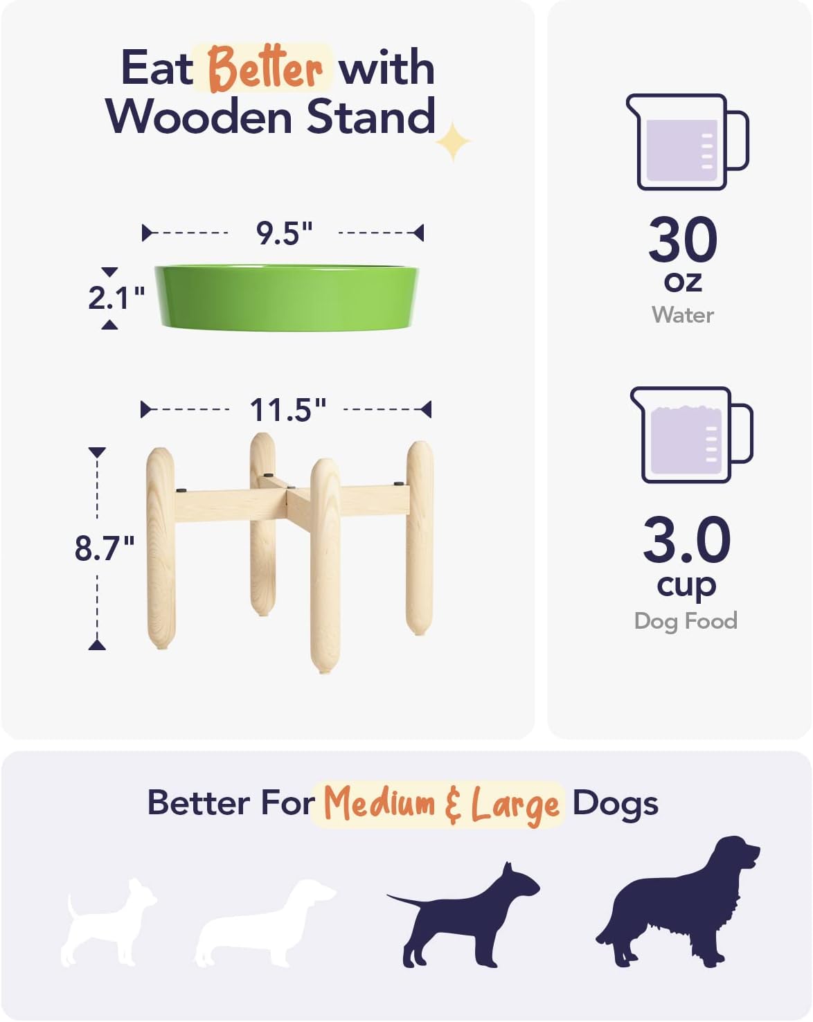 LE TAUCI Ceramic Slow Feeder Dog Bowls Elevated, 3 Cup Raised Bowl with Wooden Stand for Medium