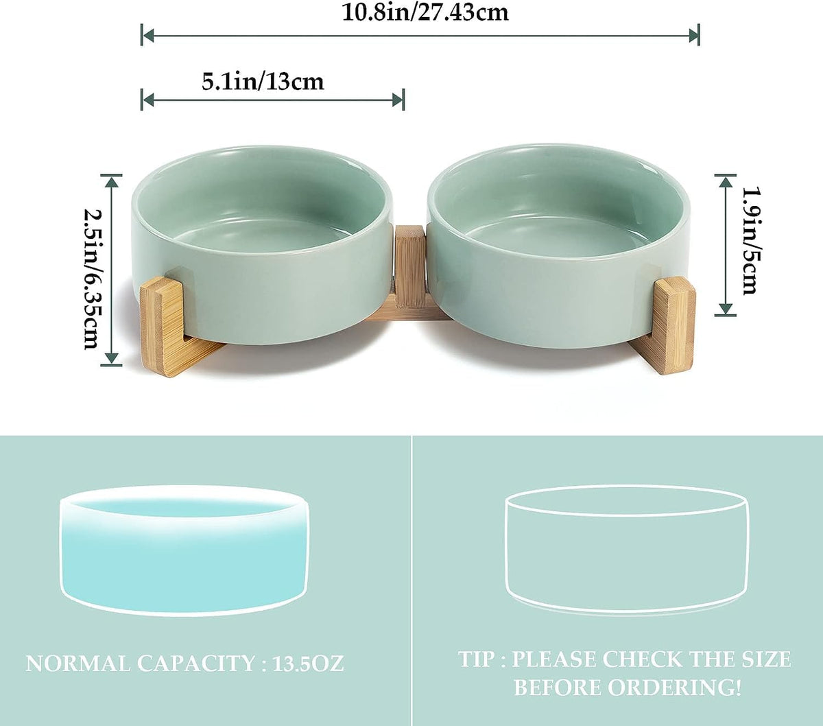SPUNKYJUNKY Ceramic Dog and Cat Bowl Set with Wooden Stand, Modern Cute Weighted Food Water Set for