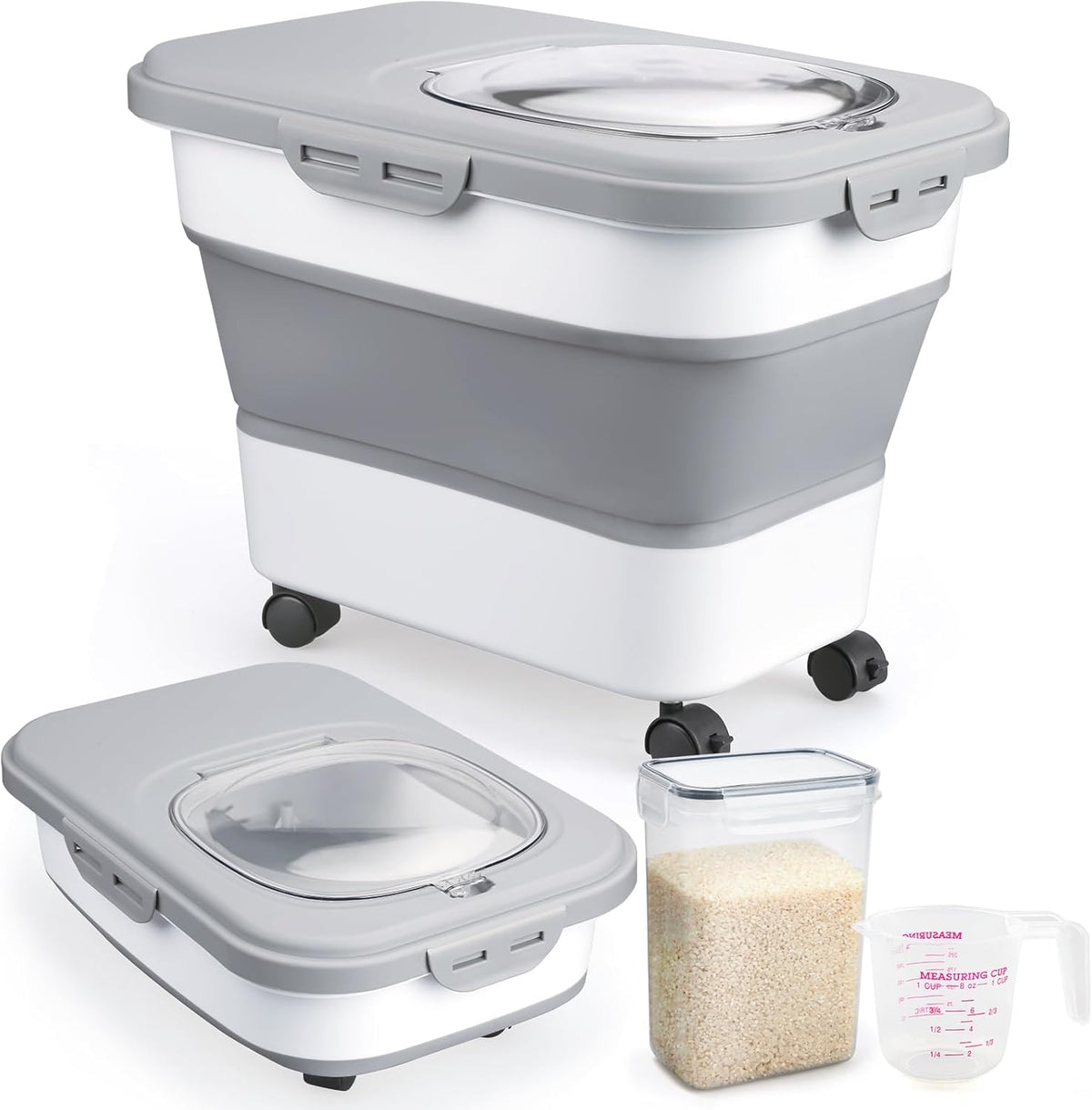 Rice Storage Containers, Collapsible 20 to 30Lbs Food Storage Bin Dispenser with Rolling Wheel and