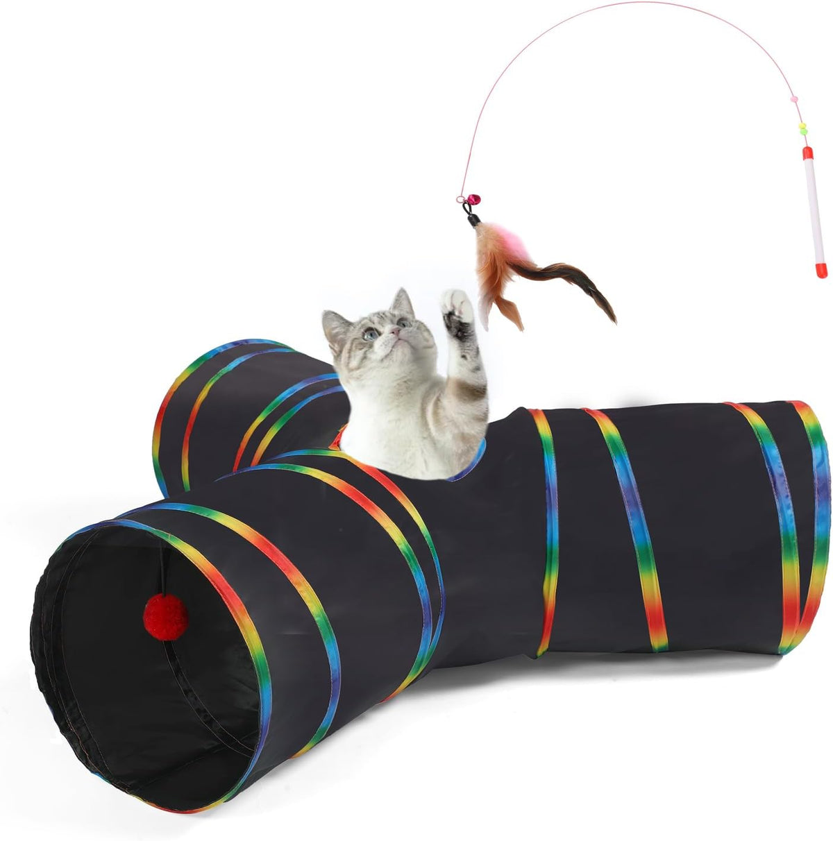 LUCKITTY Cat Tunnels Tube Toy with Plush Ball & Cat Wand Feather Toys-Portable Tattaff Waterproof