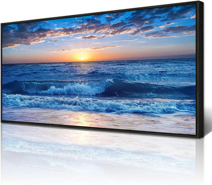 Wapluam Large Canvas Art - Blue Ocean Beach Scene, Sunny Sea View, Wave Wall Pictures, Black Framed