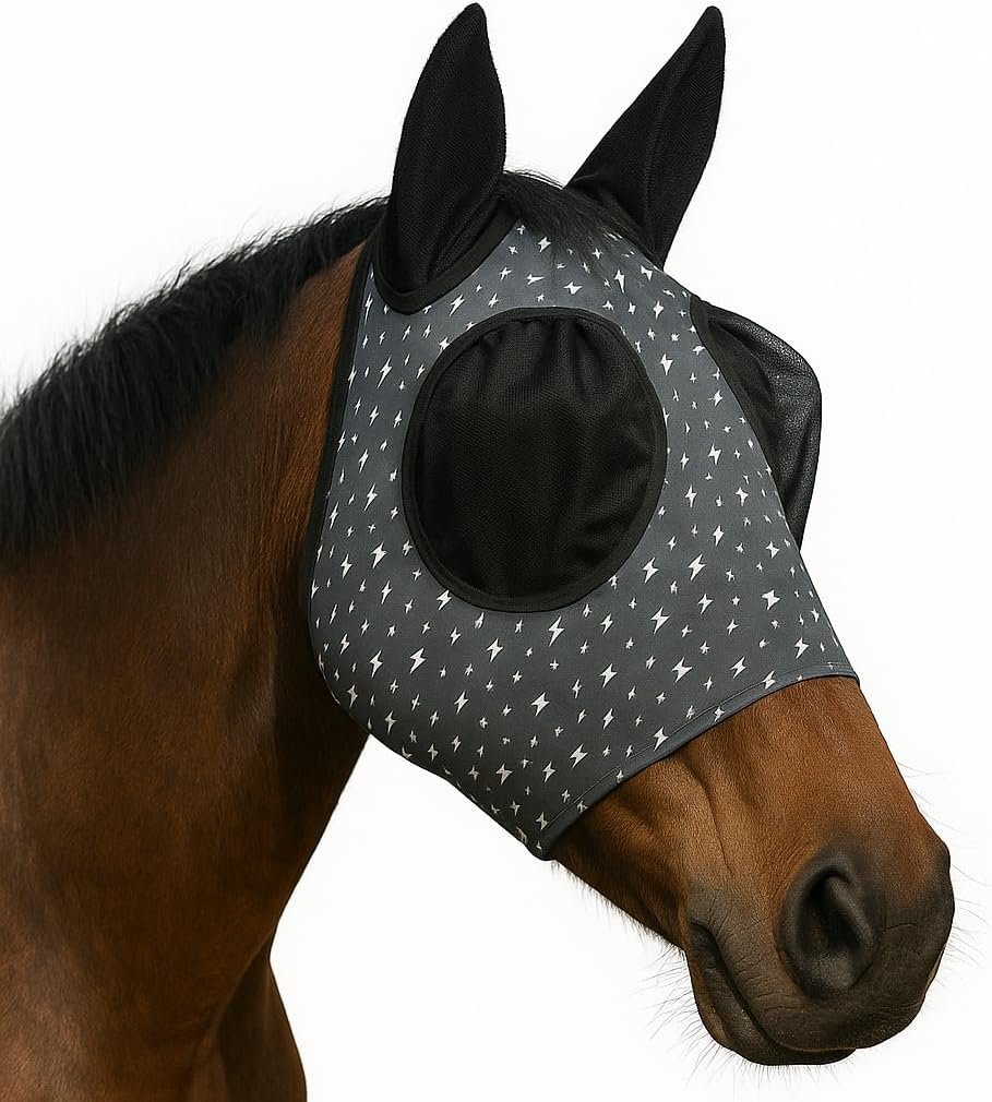Horse Fly Mask - Equine Fly Mask with Full Coverage for Eye & Ear - Stretchable, UV & Sun