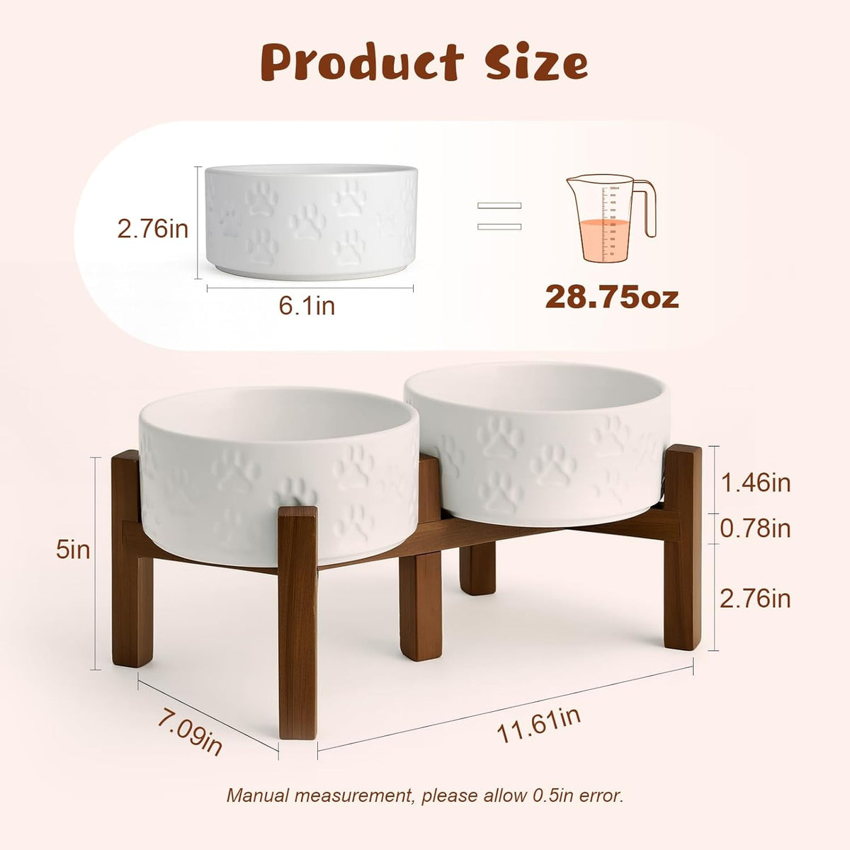 SPUNKYJUNKY Ceramic Elevated Dog Bowl Set with Acacia Wood Stand for Food and Water for Small