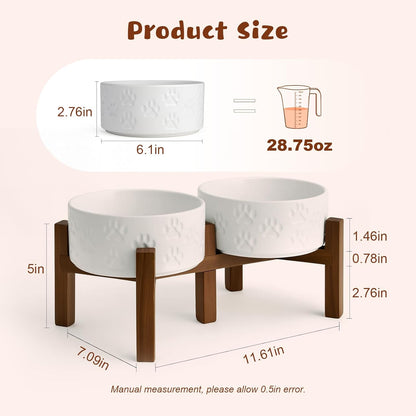 SPUNKYJUNKY Ceramic Elevated Dog Bowl Set with Acacia Wood Stand for Food and Water for Small