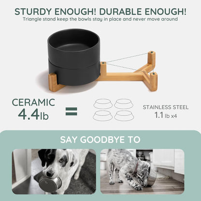 SPUNKYJUNKY Ceramic Dog and Cat Bowl Set with Wooden Stand, Modern Cute Weighted Food Water Set for