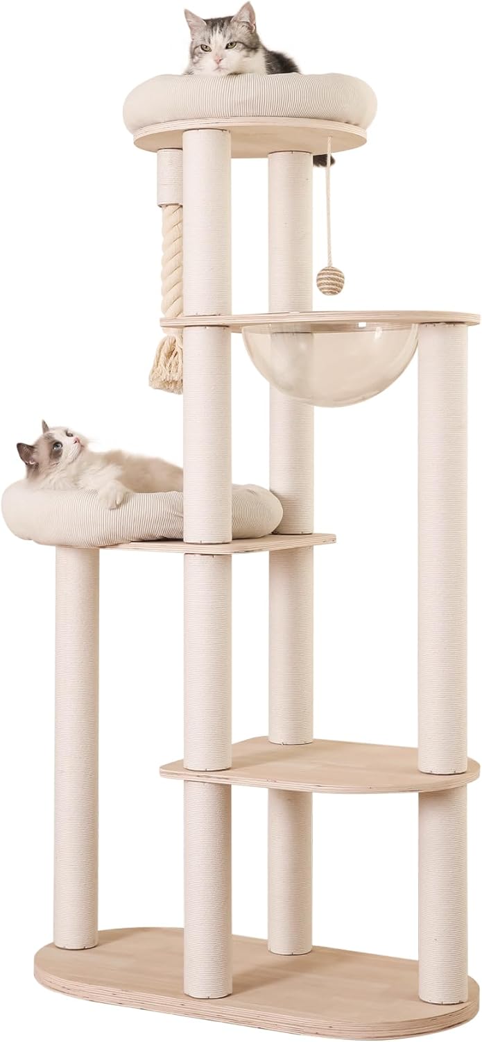 59" Modern Cat Tree Multi-Level Large Cat Tower Heavy Duty Cat Tree with Hammock,Cotton Scratching