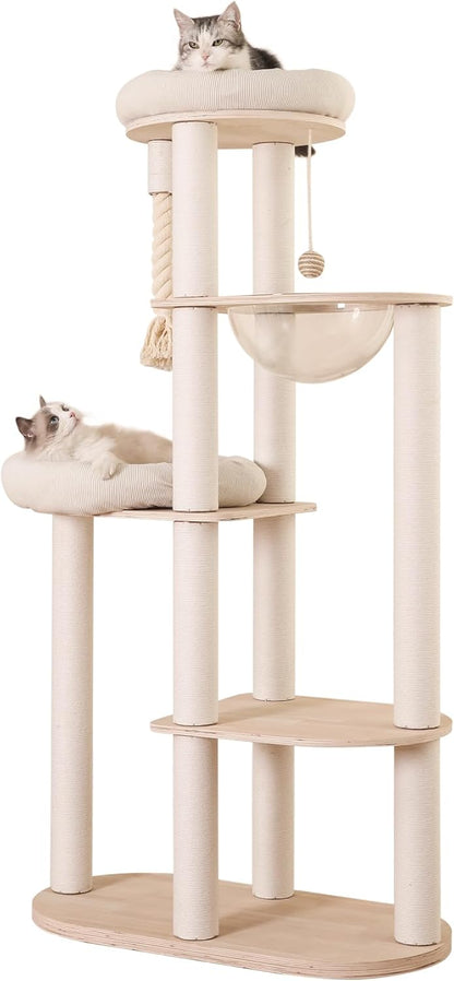 59" Modern Cat Tree Multi-Level Large Cat Tower Heavy Duty Cat Tree with Hammock,Cotton Scratching