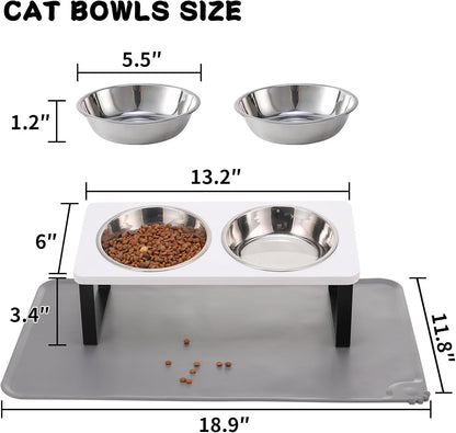 Upgraded Elevated Cat Bowls with Food Mat,15°Tilted Stand Anti Vomiting Raised Cat Dishes for Food