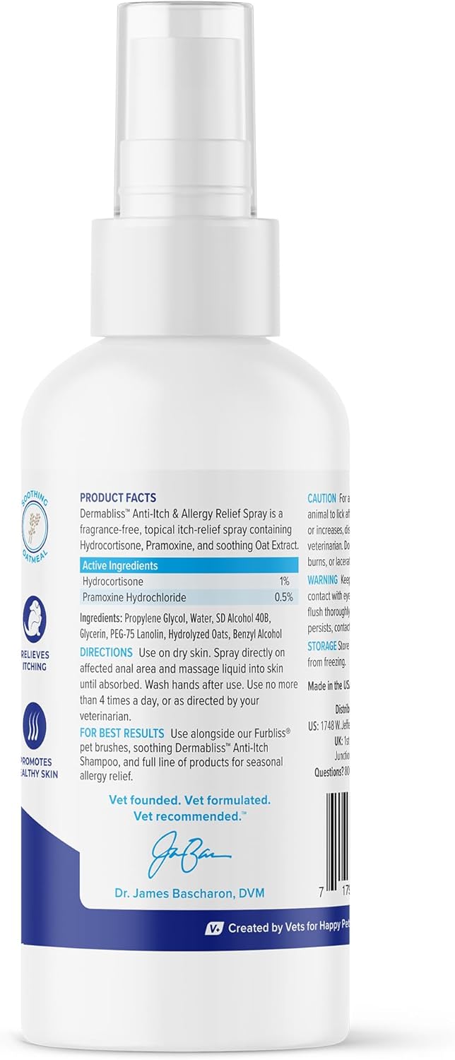 Vetnique Dermabliss Anti Itch Spray for Dogs & Cats with Hydrocortisone for Allergies and Immediate