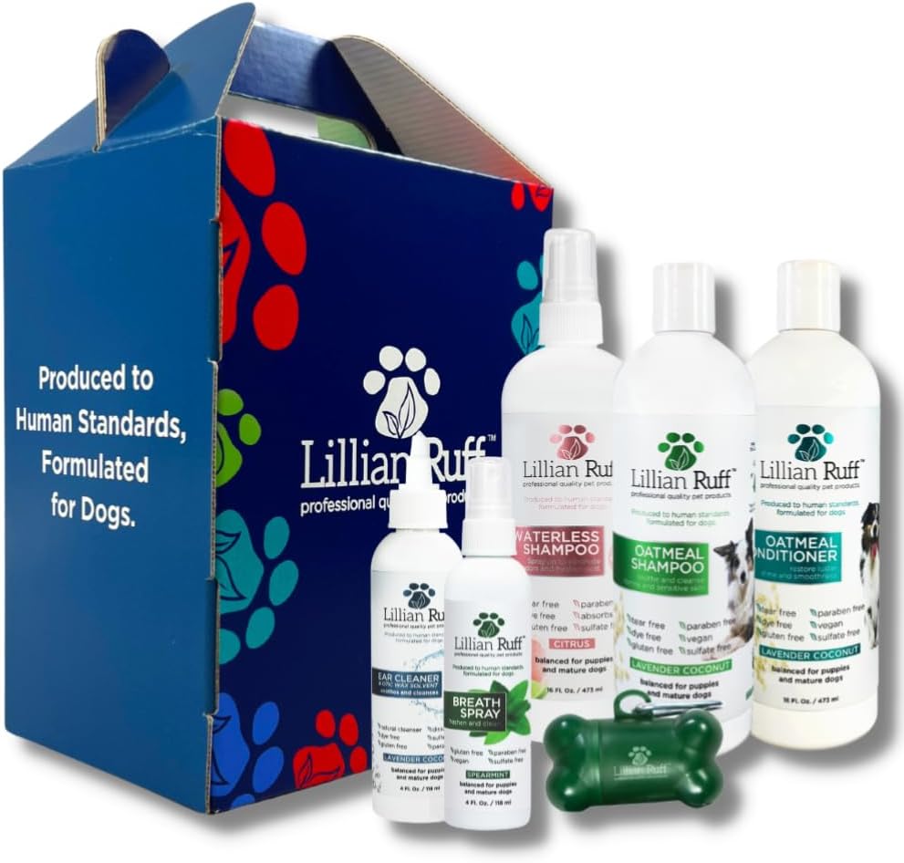 Lillian Ruff Starter Pack Gift Set for Dogs | Oatmeal Shampoo, Oatmeal Conditioner, Waterless