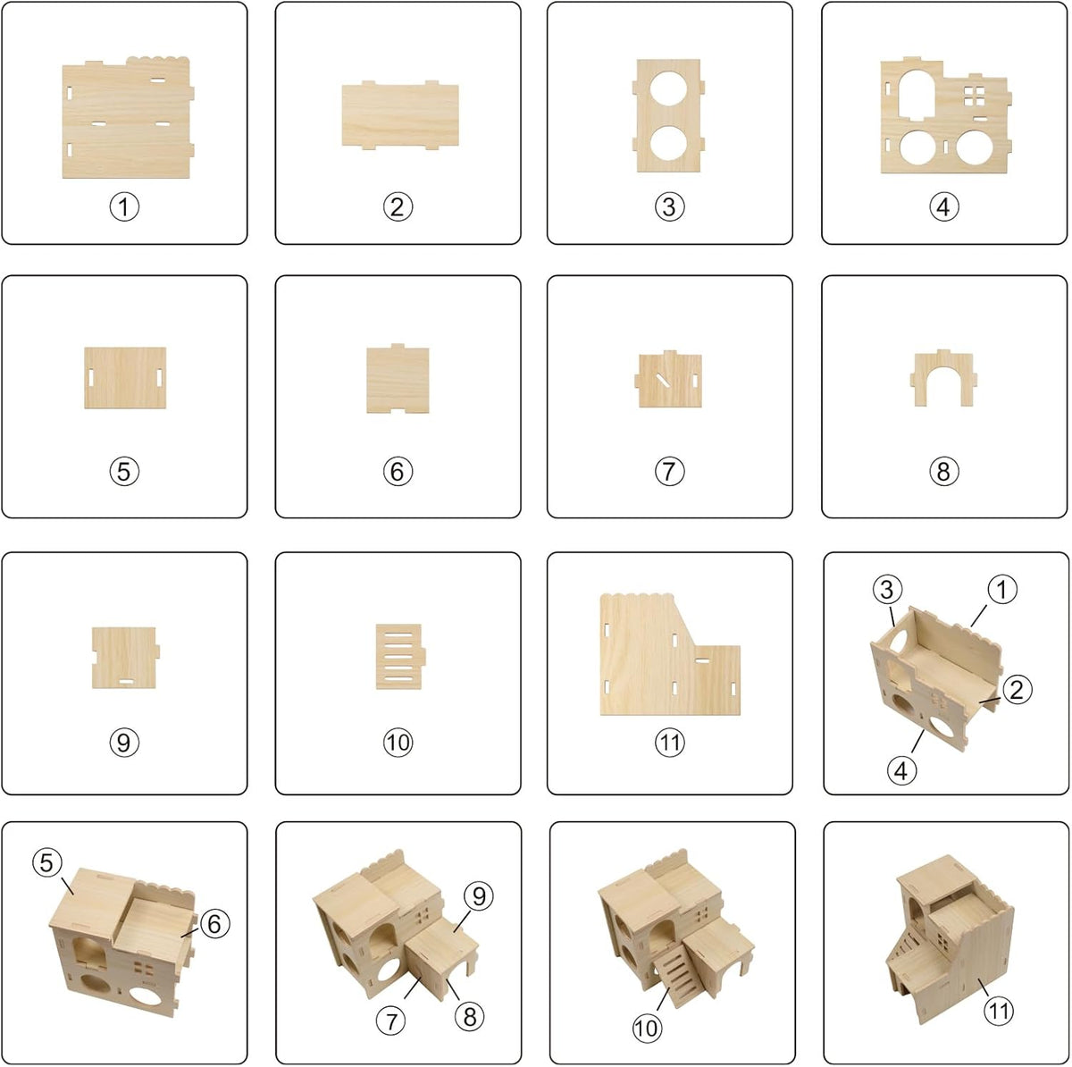 Multi-Chamber Hamster Hideout & House, Natural Wood Small Animal Cage Accessories for Dwarf