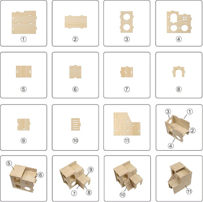 Multi-Chamber Hamster Hideout & House, Natural Wood Small Animal Cage Accessories for Dwarf