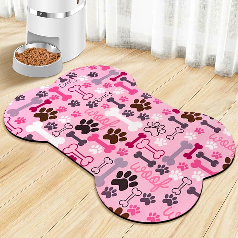 Dog Food Mats for Floors Waterproof, Pet Feeding Absorbent Water Bowl Mat Cat Placemats Pink Bone