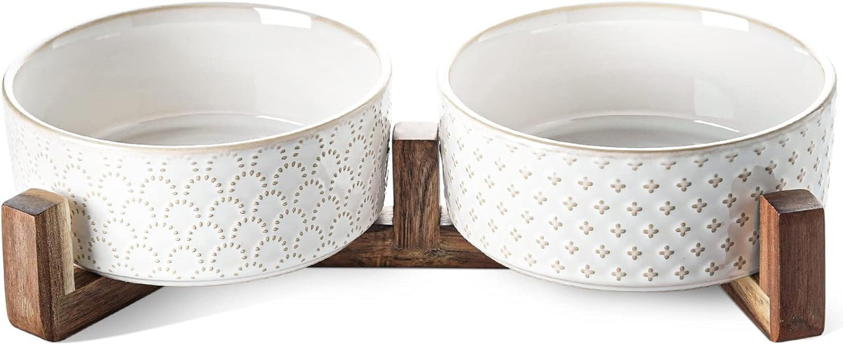 Dog Bowls Ceramic for Small Medium Dogs - 3-Cup Dual Food & Water Bowl Set with Acacia Wood Stand