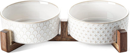 Dog Bowls Ceramic for Small Medium Dogs - 3-Cup Dual Food & Water Bowl Set with Acacia Wood Stand