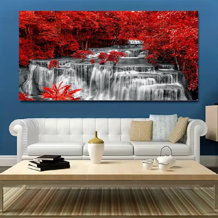 Yxbhhym Black White and Red Waterfall Canvas Wall Art- Red Tree Prints Landscape Posters Framed