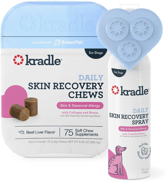 Kradle Skin Recovery Chews for Dogs - Biotin Collagen Zinc + Anti-Itch Spray - Soothes