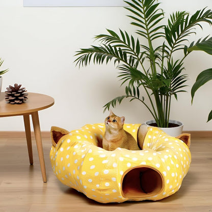 AUOON Cute Cat Donut Tunnel - Round Cat Tunnel Bed with Washable Cushion Interactive Cat Toy for