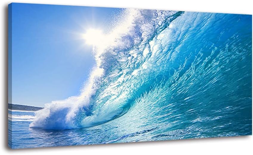 Rolling Ocean Waves Surfing Graphic Canvas Wall Art For Bedroom,Blue Tropical Seascape Artwork