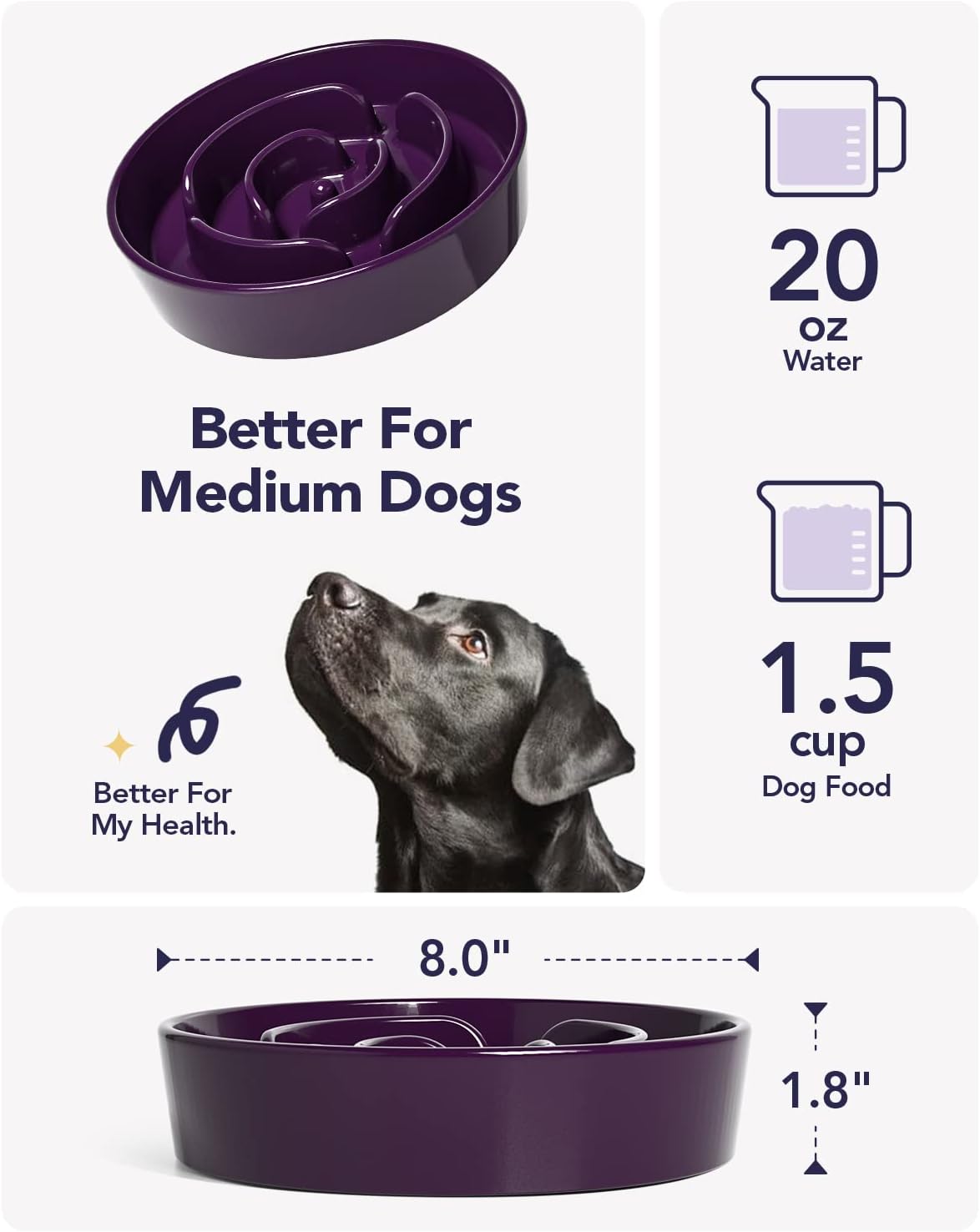 LE TAUCI Dog Bowls Slow Feeder Ceramic, 1.5 Cup Slow Feeding Bowl for Small and Medium Breed