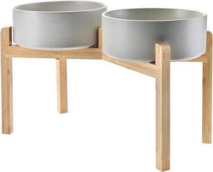SPUNKYJUNKY Elevated Dog Bowls Ceramic, 8.3'' Dogs Food Water Bowls Raised with Non-Slip Bamboo