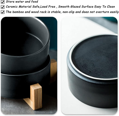 Petygooing Ceramic Black Cat Dog Bowl Set with Stand,Pet Food and Water Dish,Medium Pet Bowls