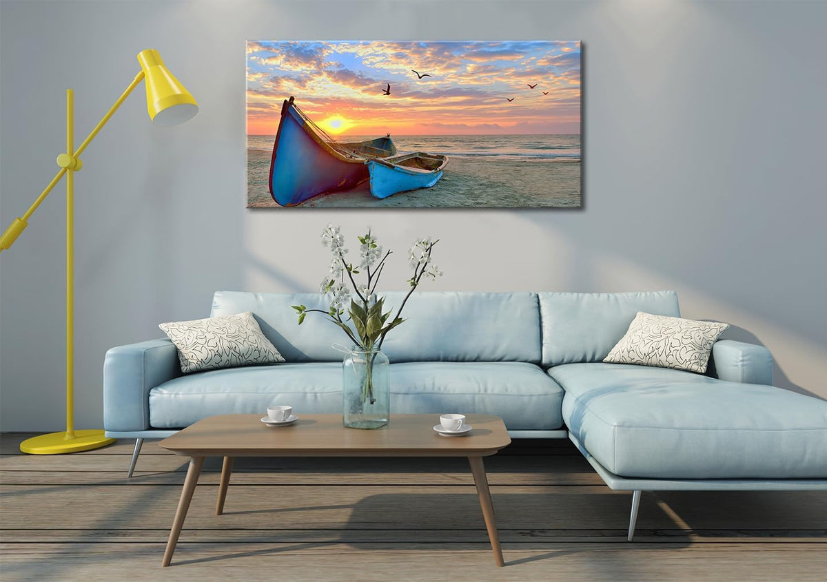 Ocean Sunset Canvas Wall Art for Living Room Sail Boat Framed Artwork Seascape Painting Coastal