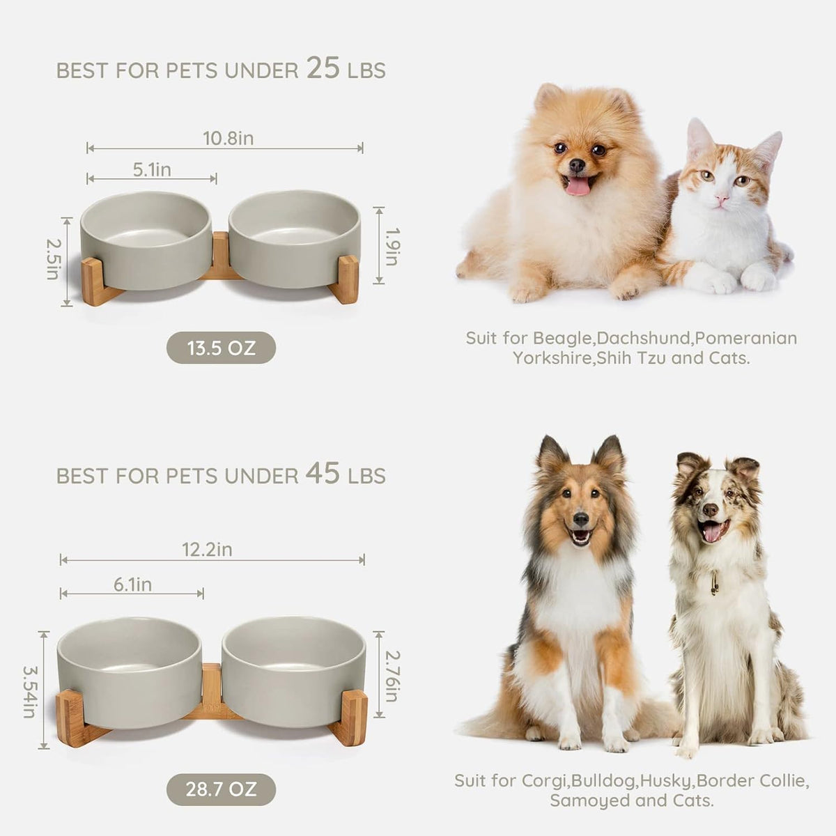 SPUNKYJUNKY Ceramic Dog and Cat Bowl with Wood Stand Non-Slip Matte Glaze Weighted Food Water Set