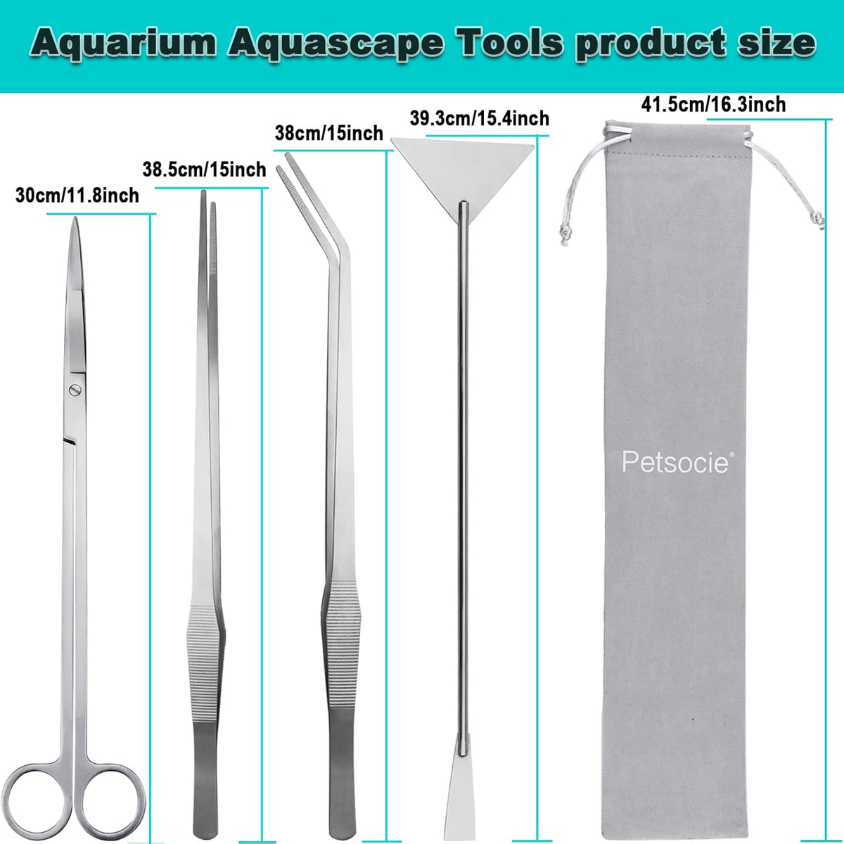 Aquarium Aquascape Tools Kit, Long 15 Inch Stainless Steel Aquatic Plants Tools, 4 in 1 Anti-Rust