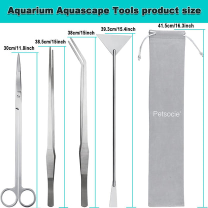 Aquarium Aquascape Tools Kit, Long 15 Inch Stainless Steel Aquatic Plants Tools, 4 in 1 Anti-Rust