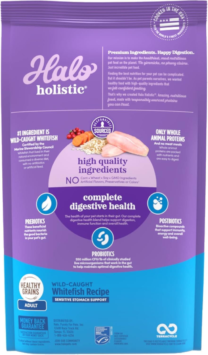 Halo Holistic Cat Food Wild Caught Salmon & Whitefish Formula, Healthy Grains Dry Cat Food, For