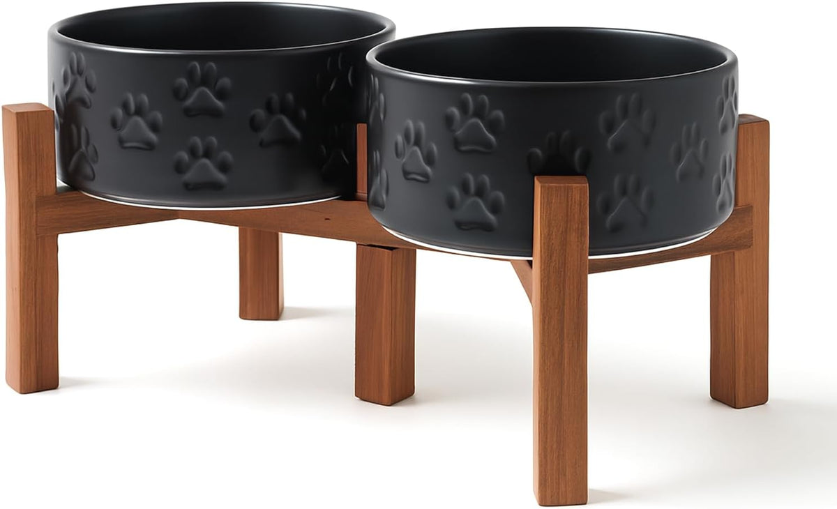 SPUNKYJUNKY Ceramic Elevated Dog Bowl Set with Acacia Wood Stand for Food and Water for Small