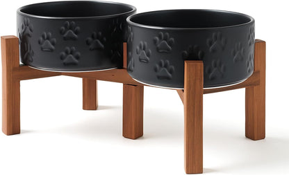 SPUNKYJUNKY Ceramic Elevated Dog Bowl Set with Acacia Wood Stand for Food and Water for Small