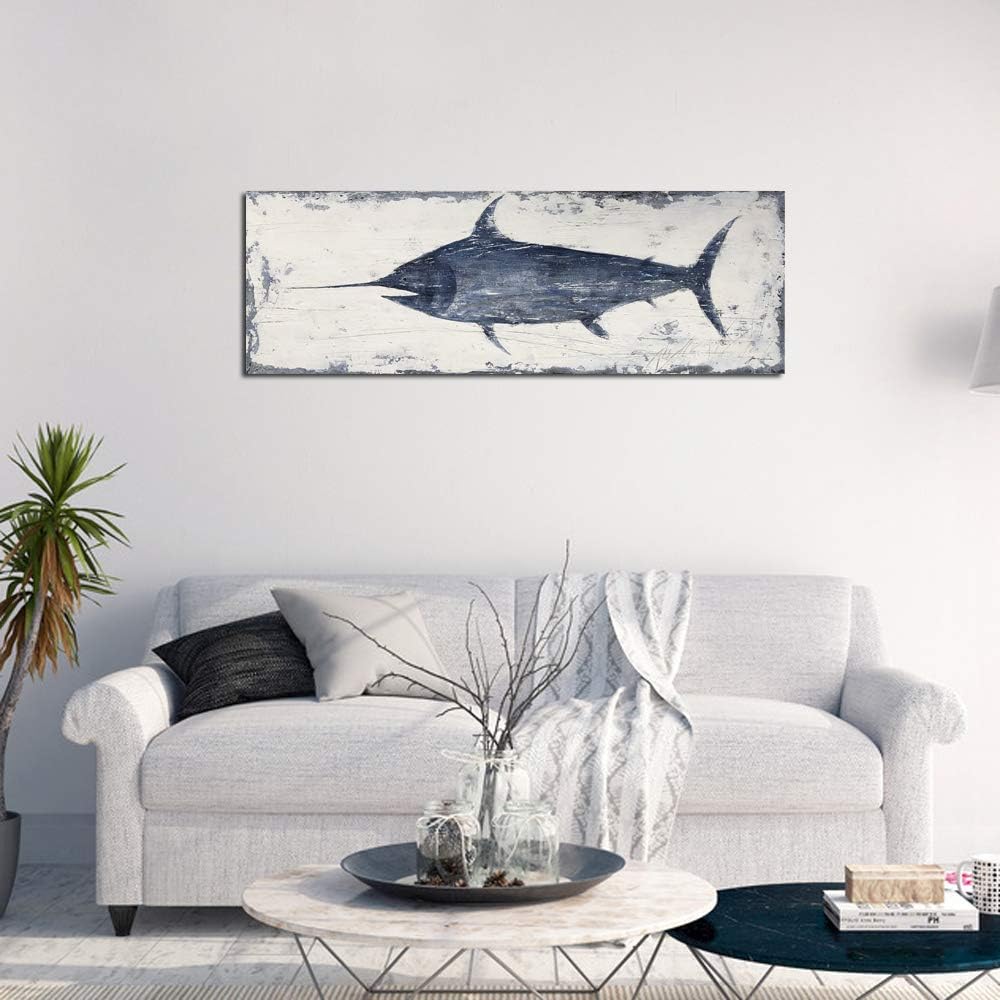Yihui Arts Indigo Blue Swordfish Canvas Wall Art Painting Pictures for Living Room Bedroom Bathroom