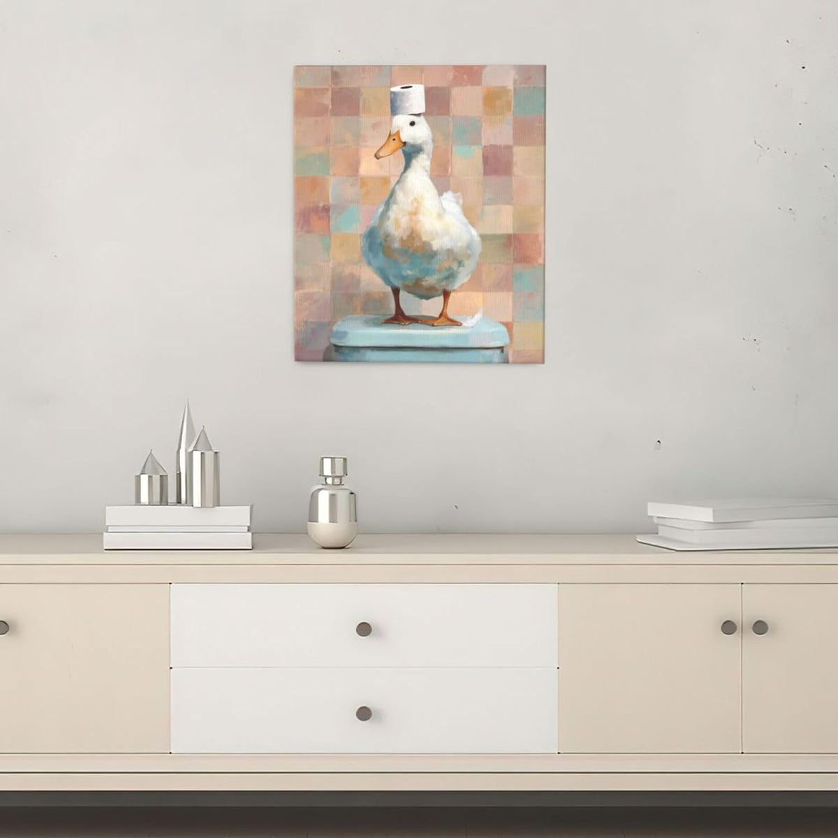 Funny Duck Bathroom Wall Art Cute Duck on Toilet Canvas Wall Decor Funny Quirky Farm Animal