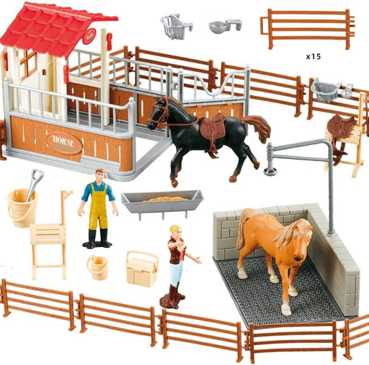 Peagrav Horse Stable Playset with Rider, Wash Area, Fence & Animal Figures - Gifts for Girls & Boys