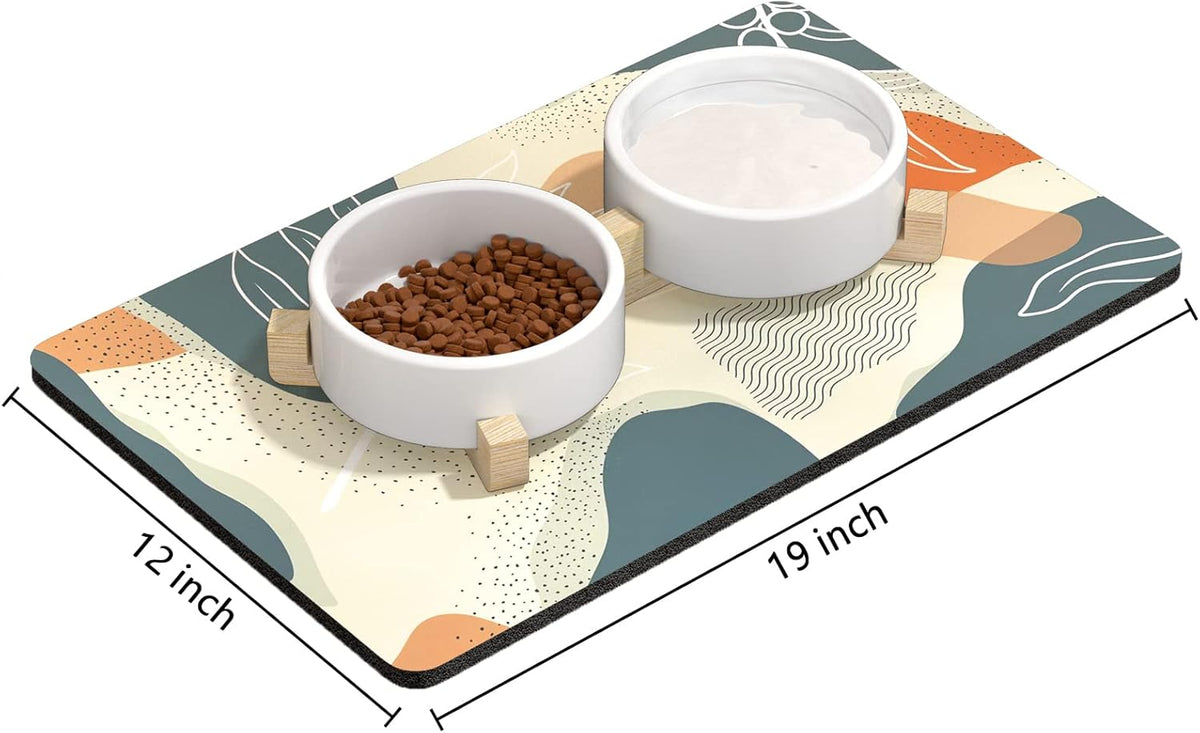 Rnivvi Dog Food Mat, 12" x 19" Boho Absorbent Dog Cat Bowl Mat for Food and Water, Cute Anti-Slip