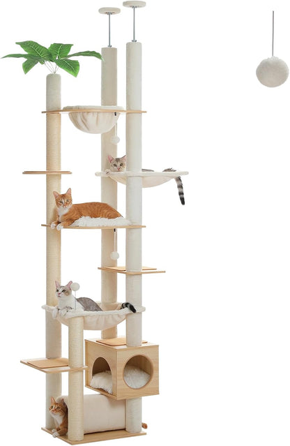 PEQULTI Floor to Ceiling Cat Tree 93.3’’-100.8’’ Height Adjustable Wooden Cat Tower Tall Climbing