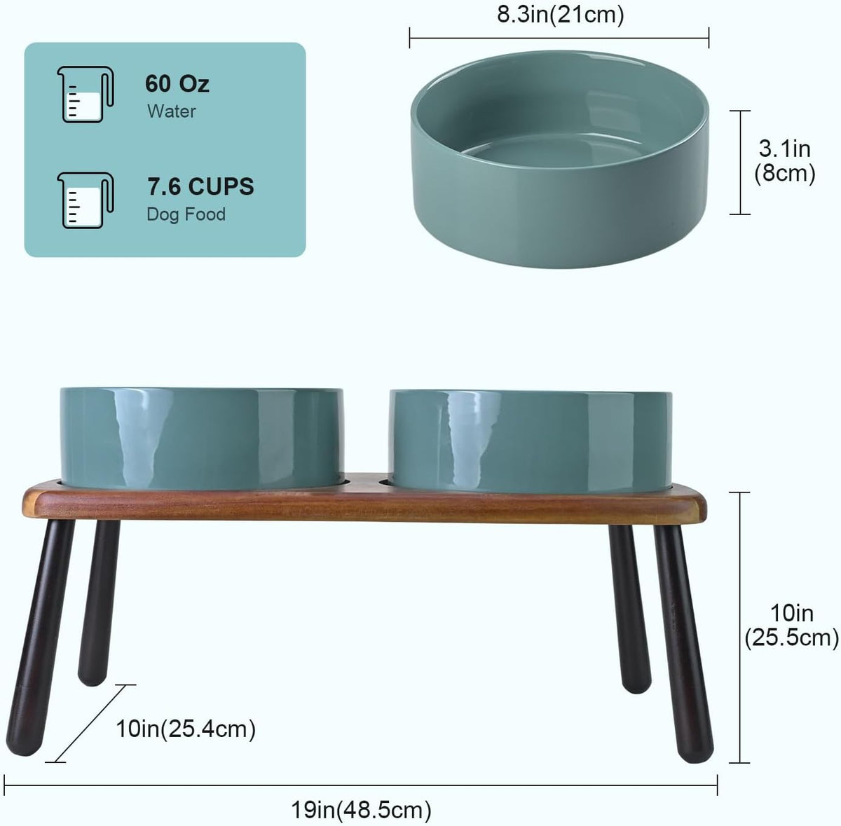 SPUNKYJUNKY Ceramic Elevated Dog Bowls Raised with Acacia Bamboo Wooden Stand, 8.3'' Dog Food Water