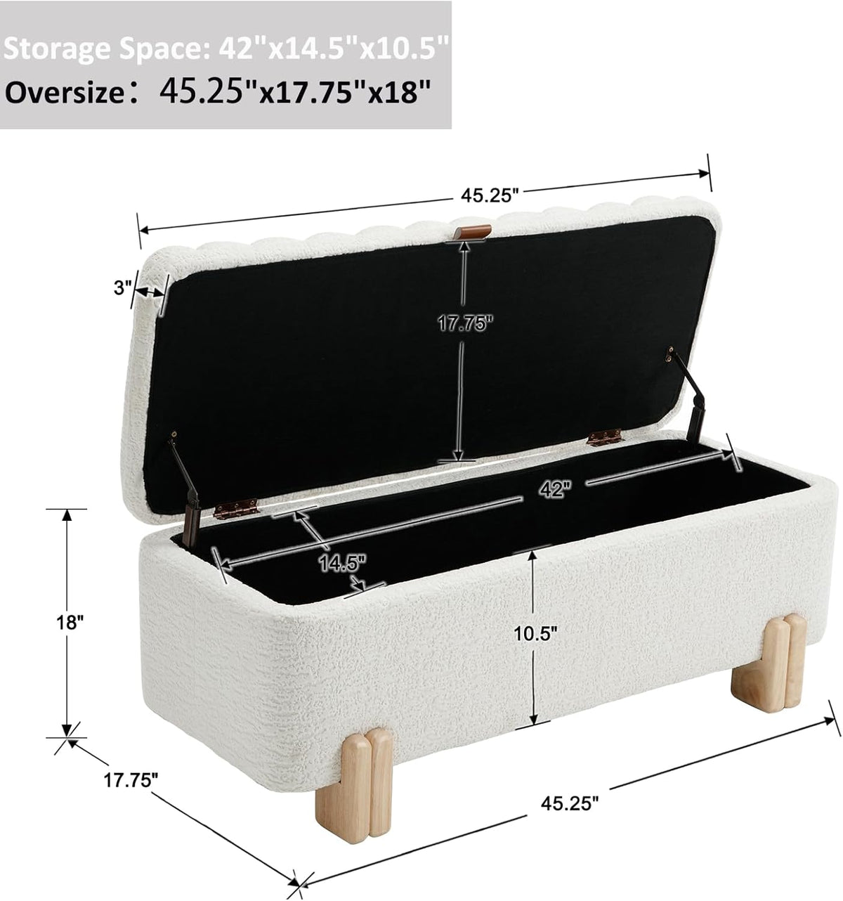 Kmax 45" Storage Bench Faux Fur Entryway Bench Upholstered Ottoman Bench with Wavy Top & Safty