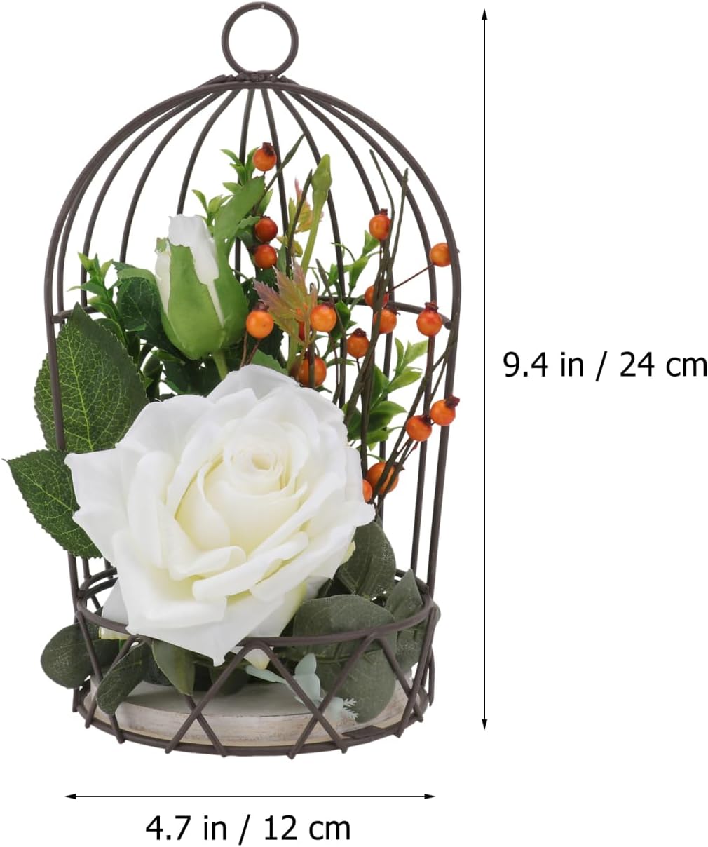 BESTOYARD Hanging Bird Cage Decor with White Simulation Rose Flowers for Home Wedding Table and