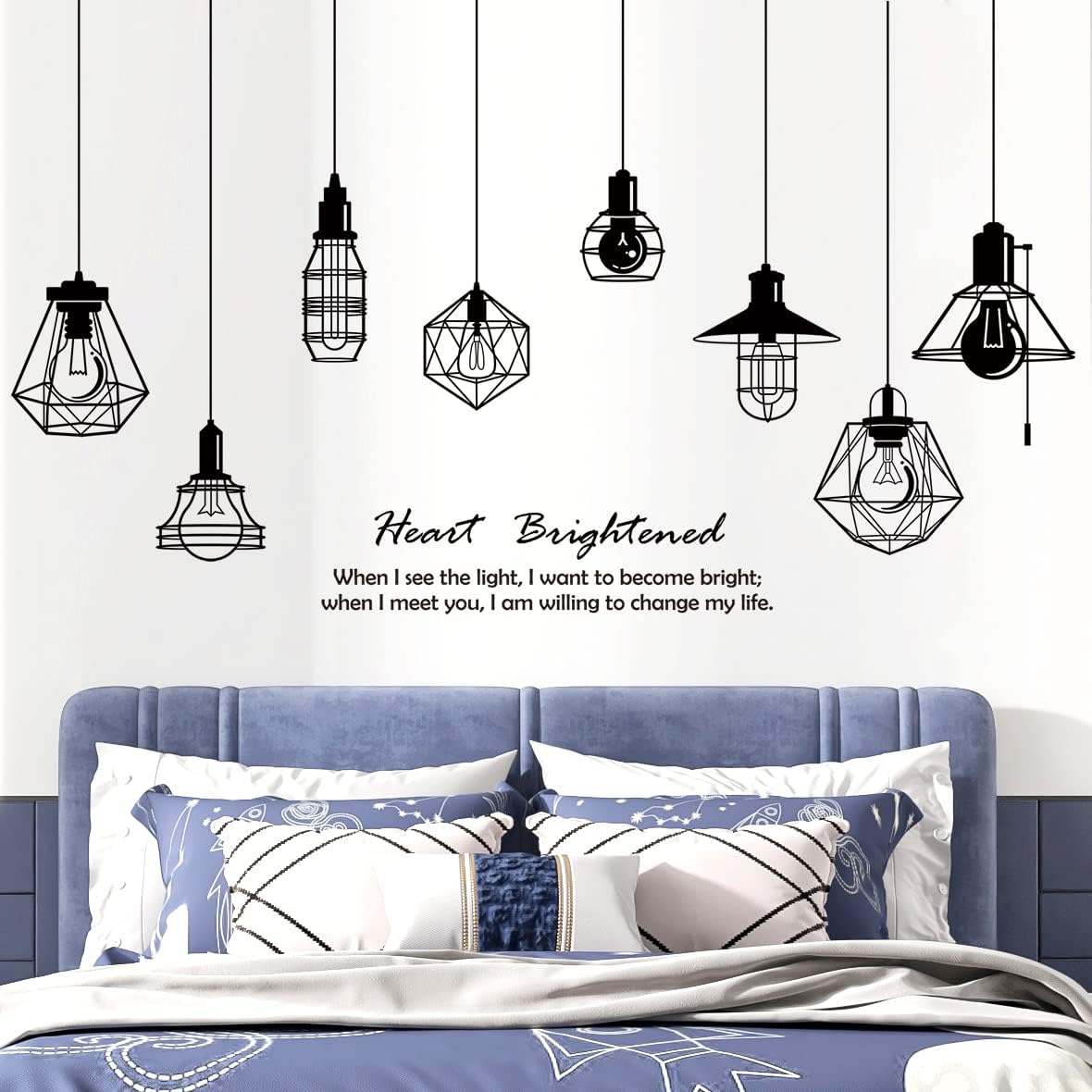 Removable 8pcs Hanging Black Vinyl Chandeliers Wall Sticker Quotes Heart Brightened Wall Decal DIY