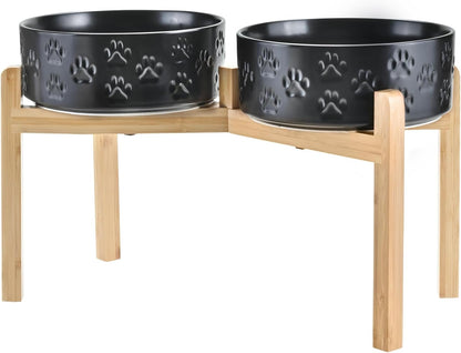 SPUNKYJUNKY Elevated Dog Bowls Ceramic, 8.3'' Dogs Food Water Bowls Raised with Non-Slip Bamboo