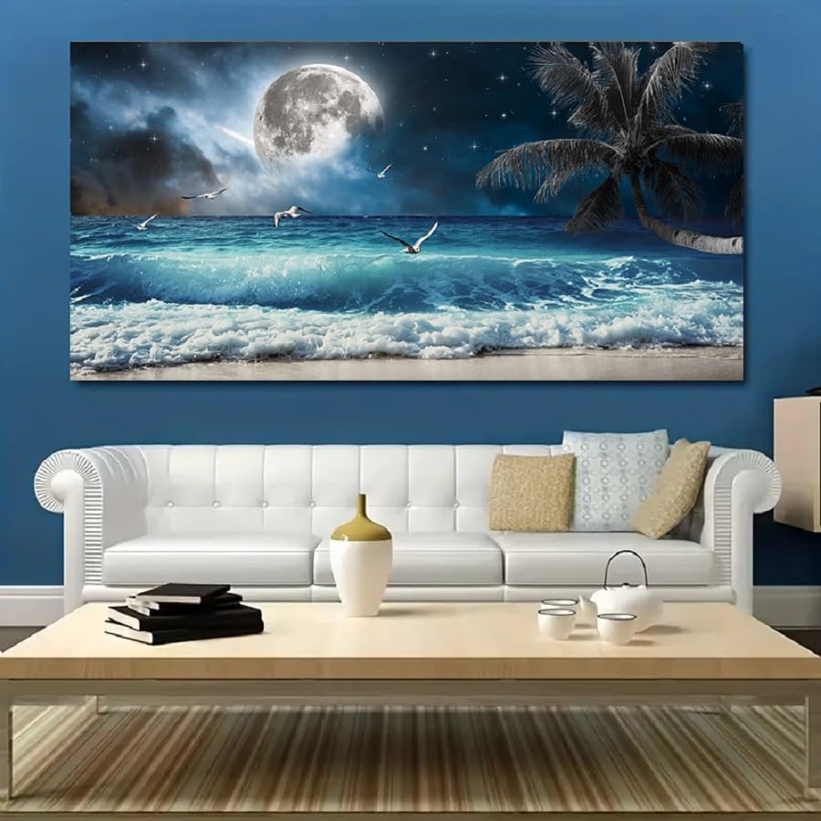 Yxbhhym large Moon Ocean Wall Art Seascape Sea Wall Pictures Canvas Beach Prints Poster Scenery